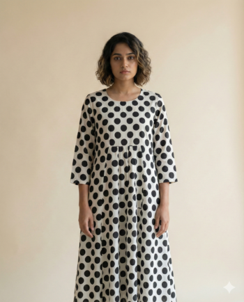 Fashionable woman in black and white polka dot maxi dress, stylish and elegant daily wear.