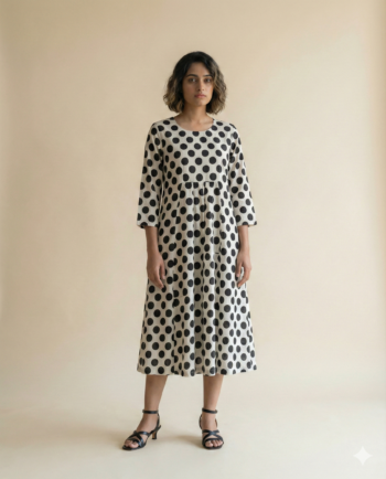 Elegant black and white polka dot midi dress with 3/4 sleeves and comfortable fit.